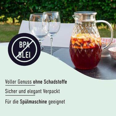 Borosilicate glass carafe with lid and spout - Glass carafe with a unique diamond pattern for 2 liters of cold or hot water - Drink dispenser for homemade iced tea and juice