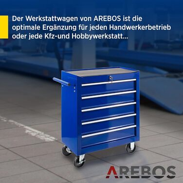Майстерня на коліщатах Arebos з 5 ящиками, з центральним замком, кулькопідшипники, антиковзаючі килимки, 2 колеса з гальмом (Блакитний)
