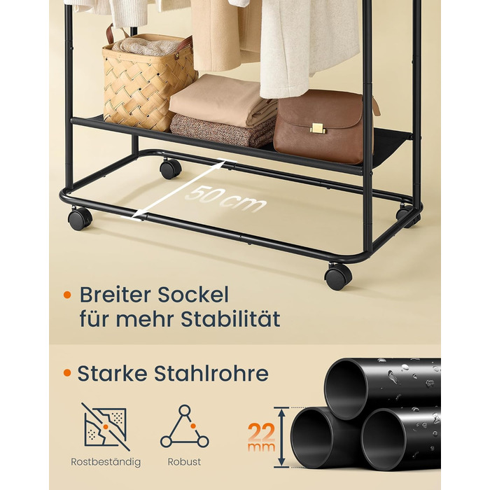 SONGMICS HOME Rolling Garment Rack, Coat Rack, 2 Clothes Rods, Shelf, Side Organizer, Match-Shaped Hooks, Stable, Bedroom, Hallway, Ink Black HSR171B01