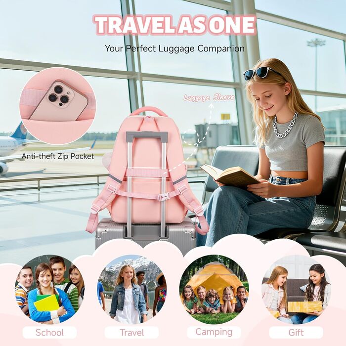 Шкільний рюкзак для дівчаток-підлітків, рожевий, з помпоном, тролей-петлею та світловідбивачами. Великий рюкзак для школи та подорожей, 3-7 клас, водонепроникний