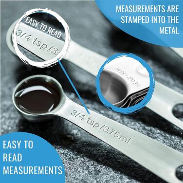 Stainless Steel Measuring Cups and Spoons Set, 16 Pieces, 7 Cups & 7 Spoons + Leveler & Chart - Metal Measuring Spoons and Cups - Stainless Steel Dry Measuring Cups & Liquid Metal