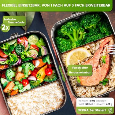 Premium Stainless Steel Lunch Box I 1400ml I Includes Replacement Seal and 2 Dividers I The improved lunch box is leak-proof and very easy to clean I For children and adults