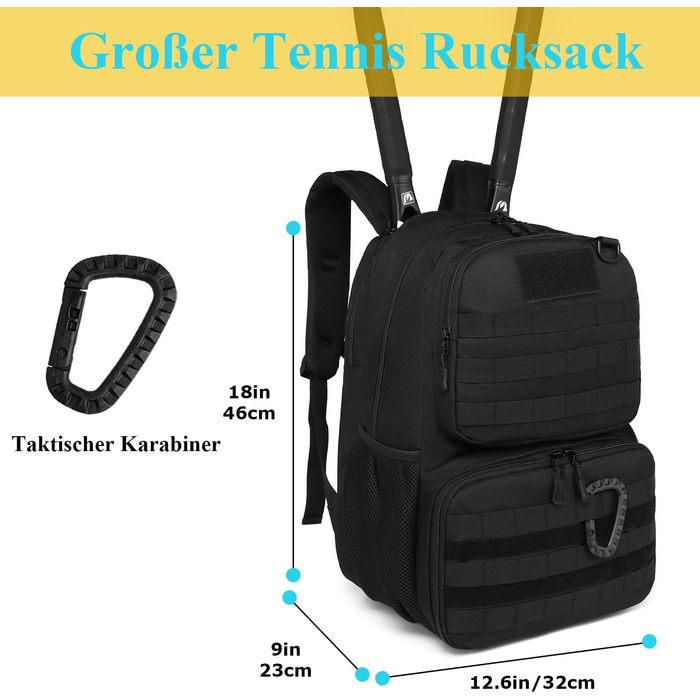 BlesMaller Tactical Tennis Backpack - Unisex with Shoe Compartment & Racket Protection - Black Sports Bag