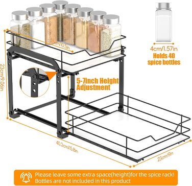 Висувна полиця для спецій на 2 яруси, регульована висота, органайзер для кухонної шафи. Висувна полиця для спецій з наклейками для кухні та робочої поверхні, розмір 26x23x23 см