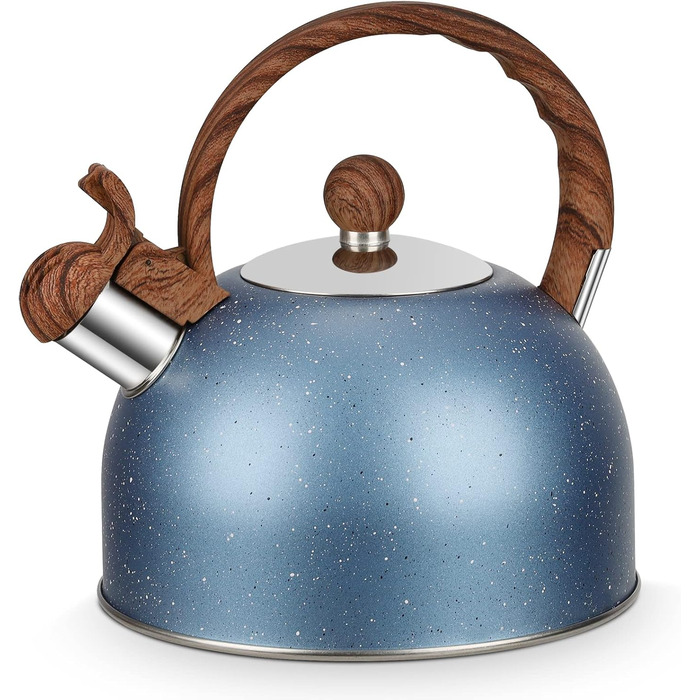 Чайник з свистком 2.5L з нержавіючої сталі для всіх плит, включаючи індукцію, з автоматичним кип'ятінням та дерев'яною ручкою (блакитний)