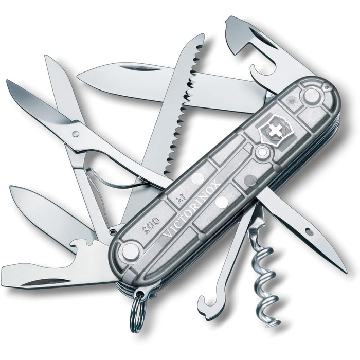 Швейцарський ніж Victorinox Huntsman: мультитул з 15 функціями, ніж, відкривачка для пляшок, консервний ніж, прозора срібляста коробка