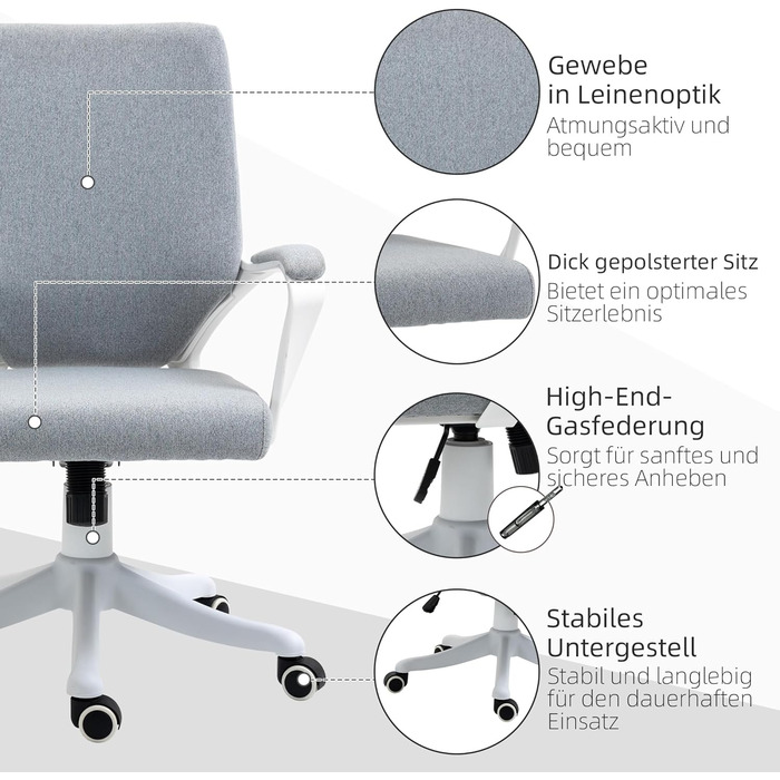 Офісний стіл Vinsetto: ергономічний крісло з підлокітниками, регульованою висотою та функцією гойдання, з тканини під льон, з м'яким сидінням, сірий та білий