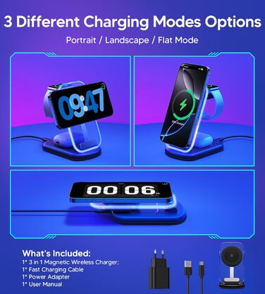 Бездротова зарядка MagSafe 3-в-1 для iPhone, Apple Watch та AirPods, сумісна з iPhone 16/15/14/13/12 Plus/Pro Max