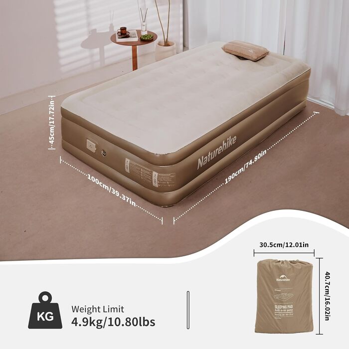 Надувний матрац Naturehike для кемпінгу та дому (190x100x45 см), самонадувний, з акумуляторним насосом, для 1 особи, коричневий