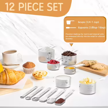Stainless Steel Measuring Cup and Spoon Set for Cooking and Baking, Nesting Measuring Cups, Measuring Spoons, Kitchen Utensils, 12 Piece