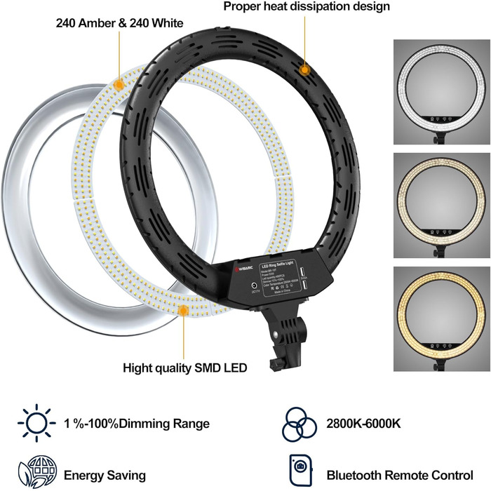 LED-кільцеве світло WISAMIC 45,7 см з тримачем для телефону: сенсорне керування, пульт дистанційного керування, двоколірне, регульована яскравість, 2800K-6000K, для селфі, макіяжу, камери, телефону, YouTube, відео, фотографії, освітлення