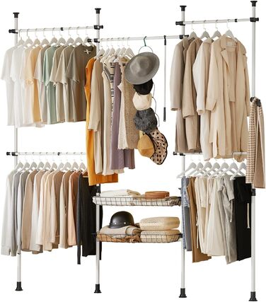 SoBuy KLS04-SCH Telescopic Clothing Rail Clothes Rack with 5 Clothes Rails and 2 Baskets Telescopic Wardrobe System Adjustable Shelving System B (209-311) x H (200-285) cm (White)