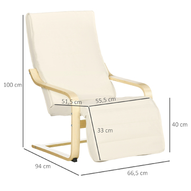 HOMCOM Recliner Chair with Cushion, 5-Position Footrest, Birch Wood Frame, Supports up to 120 kg (265 lbs), 66.5 x 94 x 100 cm (26 x 37 x 39 inches), Cream White