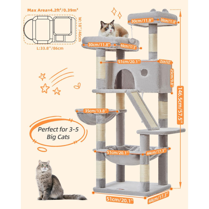 Кігтеточка для котів Taoqimiao MS026W 146 см - велика, стабільна, з 2 будиночками, гамаком, корзиною та 8 кігтеточками (світло-сірий)