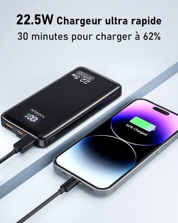 Power Bank 20000 mAh 22.5W з швидкою зарядкою PD3.0 QC4.0: Зовнішній акумулятор для смартфонів, смарт-годинників з LCD-дисплеєм та USB-C