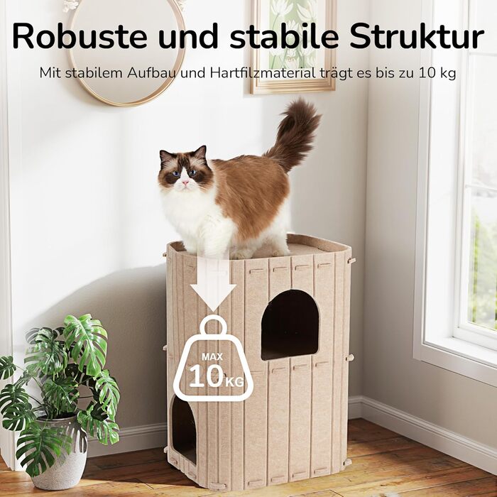 Cat Cave, Stable Cat Cave Made of High-Quality Felt, 3-Layer Indoor Cat House, Cat Cave for Sleeping, Playing and Hiding, Felt Cave Beige, 45 x 37 x 60cm, Large