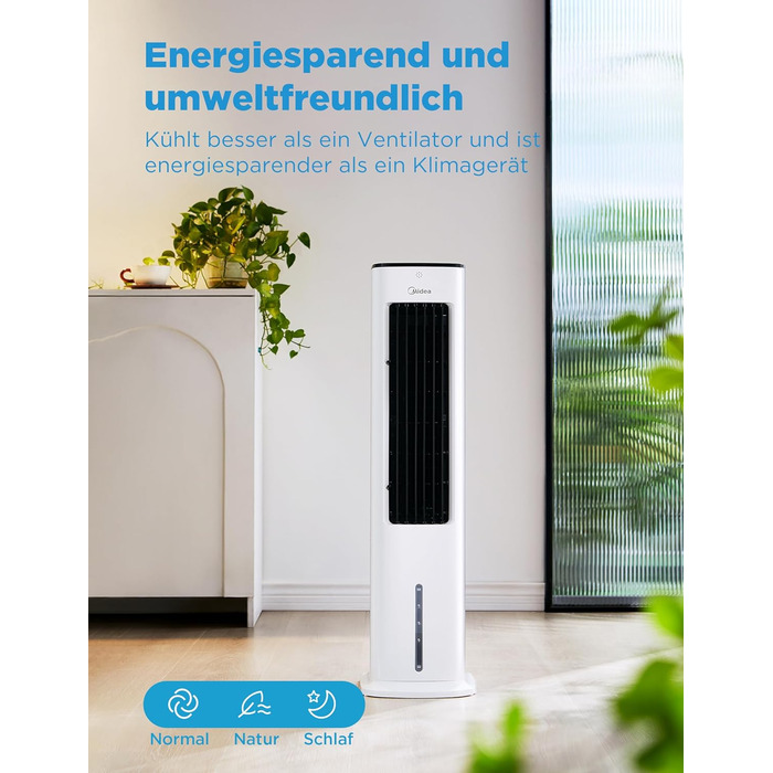 Midea 4-in-1 Portable Air Conditioner, Tower Fan with Water Cooling & Humidifier - Mobile Air Cooler with 5L Water Tank, 355m³/h Airflow, Ionizer, Remote Control (55W, White)