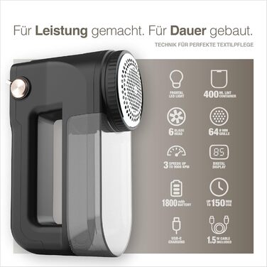 Портентум Фусселрасйер: Електричний видалення ворсу з LED-підсвіткою, 3 режими, 9000 об/хв, 6-клинковий насадка, USB-C, 15W для одягу та дому