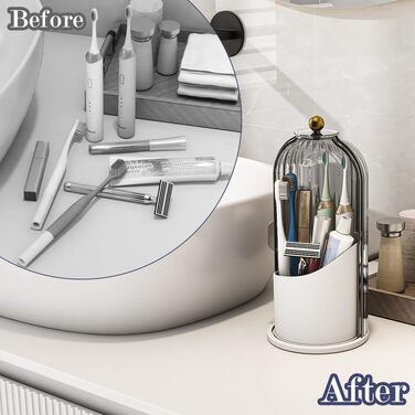Dustproof Toothbrush Holder with Cover, Rotating Holder for Electric Toothbrush and Toothpaste for Bathroom Countertop, 3 Compartments, Makeup Brush Organizer, Complete (Gray, White)