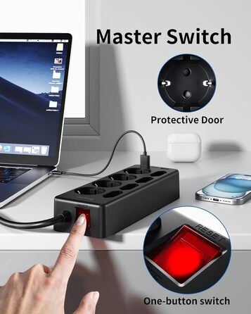 Мережевий фільтр Sameriver 8-фазний з захистом від перенапруги, 3 USB, вимикач, кабель 3M, чорний