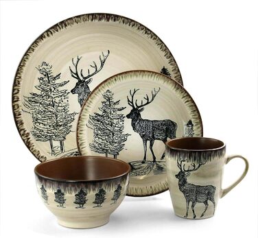 Набір посуду Elama Rundes з 16 предметів, кераміка, ошатний дизайн, океановий блакитно-зелений та зелений, з елементами теплого таупового та коричневого кольорів