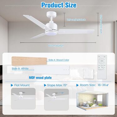 Стеля вентилятор Newday 122см з підсвічуванням та пультом керування, тихий, DC мотор, реверс для спальні/вітальні (білий, дерево)
