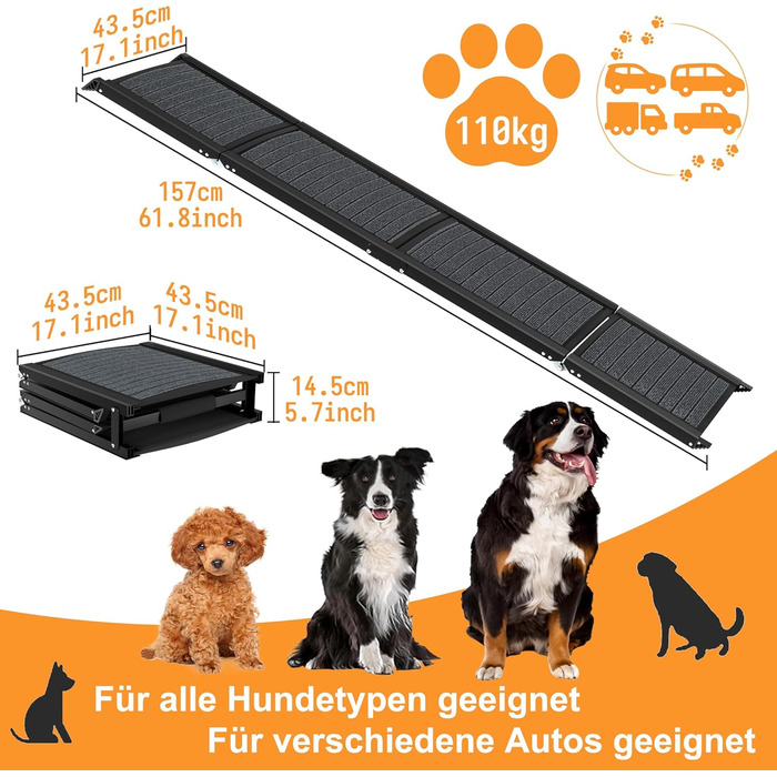 Східці для собак складні, 157 см, для великих собак до 110 кг, з неслизькою поверхнею та зручною ручкою, чорного кольору