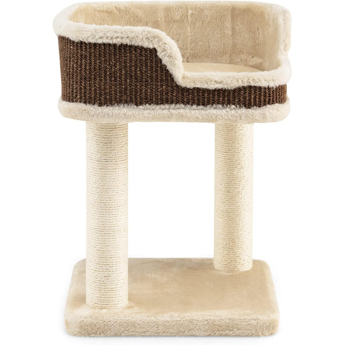 COSTWAY Cat Tree Small, Cat Tree with Large Plush Seat, Wooden Cat Scratching Post, Cat Furniture Climbing Tree, Activity Tree Play Tree, Natural Sisal Tower with Scratching Posts (Beige)