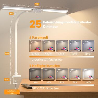 LED лампа настільна з двома головками, регульована яскравість, кріплення на струбцині, захист очей, денне світло, для офісу та ПК, RGB