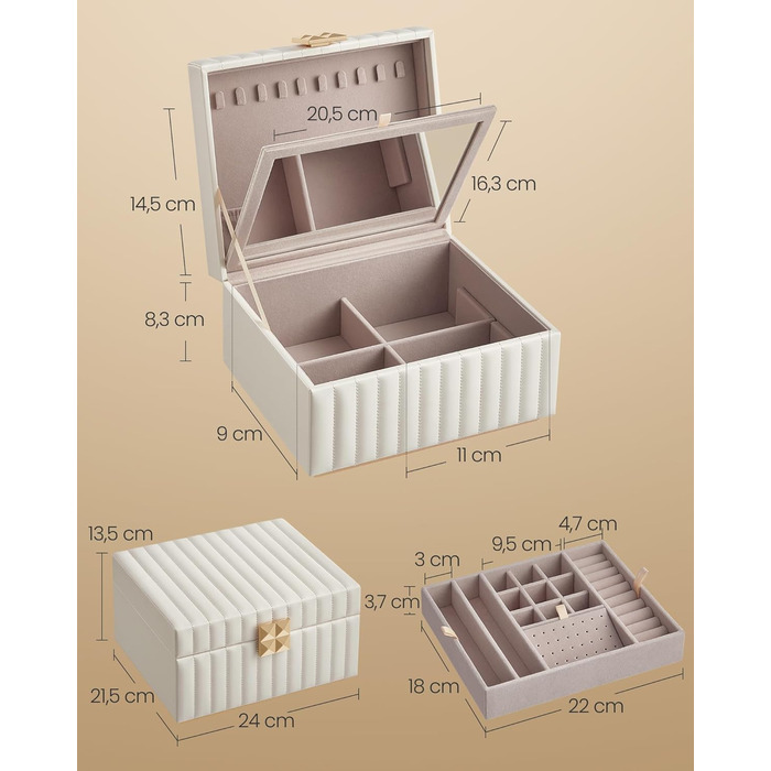 SONGMICS HOME ANAH: Шкатулка для прикрас з дзеркалом, 2 ящики, білий колір, 21.5 x 24 x 13.5 см