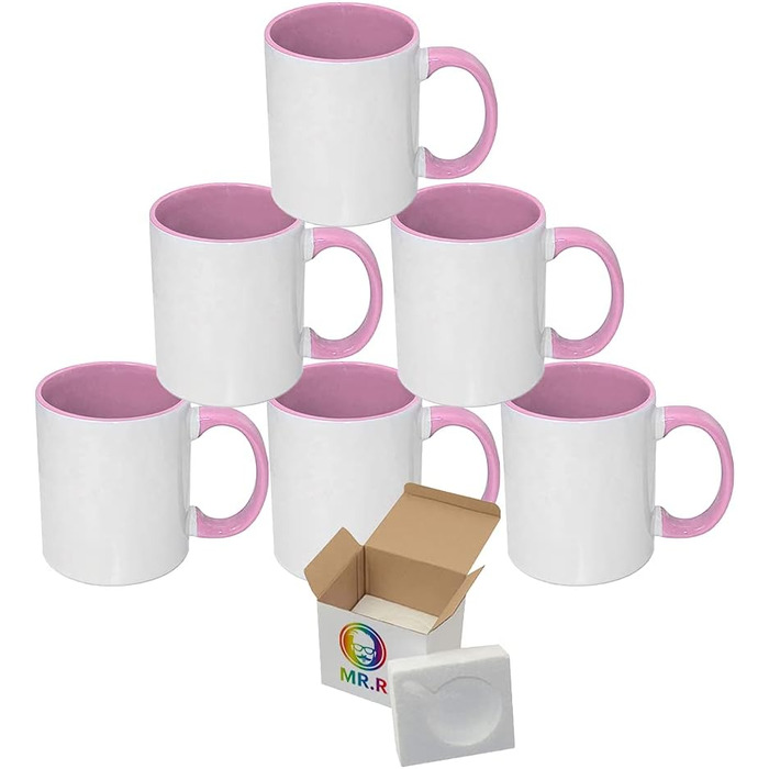 MR.R 11 Unzen Sublimation blank coffee mugs, 6-piece set, porcelain, mug, coffee cup, 325 ml, with pink interior and handle, 6 pieces