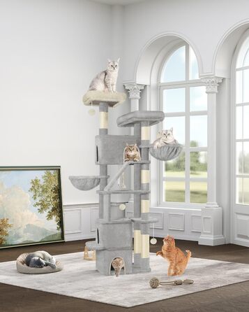 Когтеточка для котів Hzuaneri, 185 см, багатоярусна, з 6 когтеточками, 3 будиночками, 2 платформами, 2 корзинами, 4 іграшками, сірого кольору