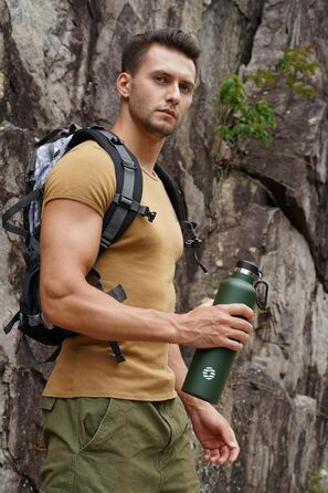 Фляга спортивна Feijian 1л з карабіном, нержавіюча сталь, термофляга, без BPA, для напоїв, кемпінг, спорт, школа, армійський зелений