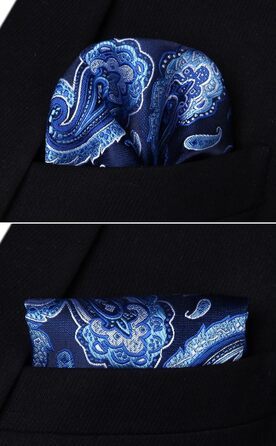 Краватка чоловіча HISDERN 160 см, з кишеньковим хустинкою, для весілля та бізнесу, шовкова, елегантна, синій візерунок Paisley