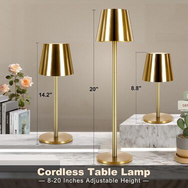 Світлодіодна настільна лампа бездротова з сенсорним керуванням, USB-C, димування, акумуляторна, 3 режими світла, регульована висота, IP54 водонепроникна, золота. Для ресторану, спальні, бару, вулиці