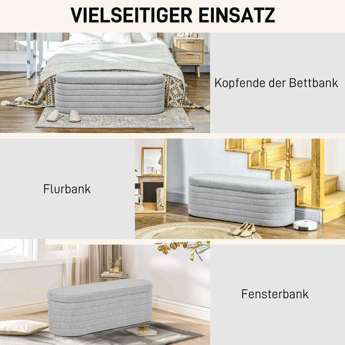 HOMCOM Bedroom Bed Bench with Storage, Wooden Legs, High Stability, Teddy Fleece, Weight Capacity 120 kg, 116 x 41 x 40.5 cm, Light Grey | Aosom