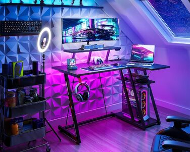 LED Gaming Desk with Power Outlets - L-Shaped PC Gaming Table with Monitor Stand & Storage - Carbon Fiber Black 100cm