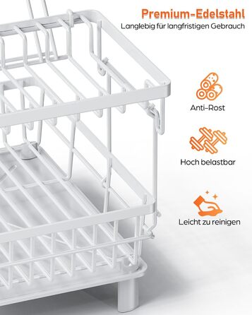LIONONLY Dish Drying Rack, Small 2-Tier Dish Rack with Drip Tray, Stainless Steel Dish Drying Rack with Utensil Holder, Drink Holder and Swivel Spout, Dish Drying Stand Kitchen
