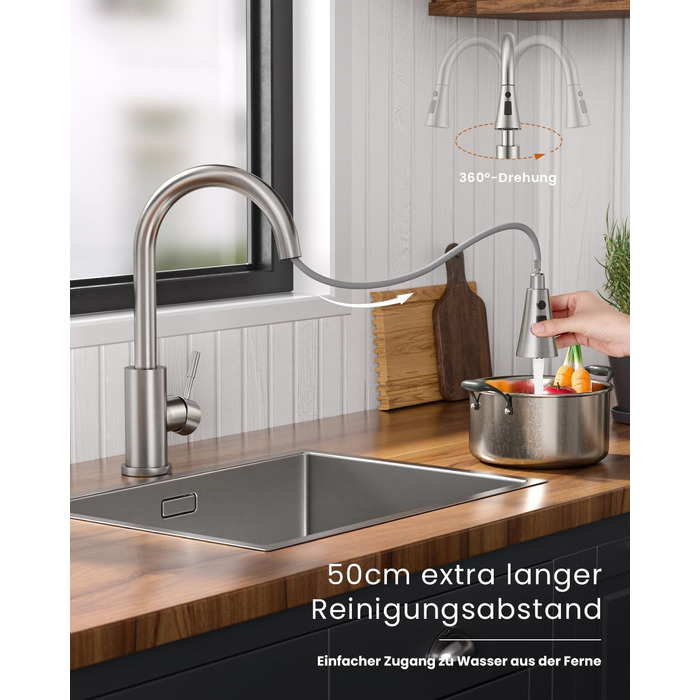 Кухонний змішувач Dayone з висувною лійкою, нержавіюча сталь SUS304, високий тиск, кухонний кран з 2 функціями, поворотна на 360°, для кухні