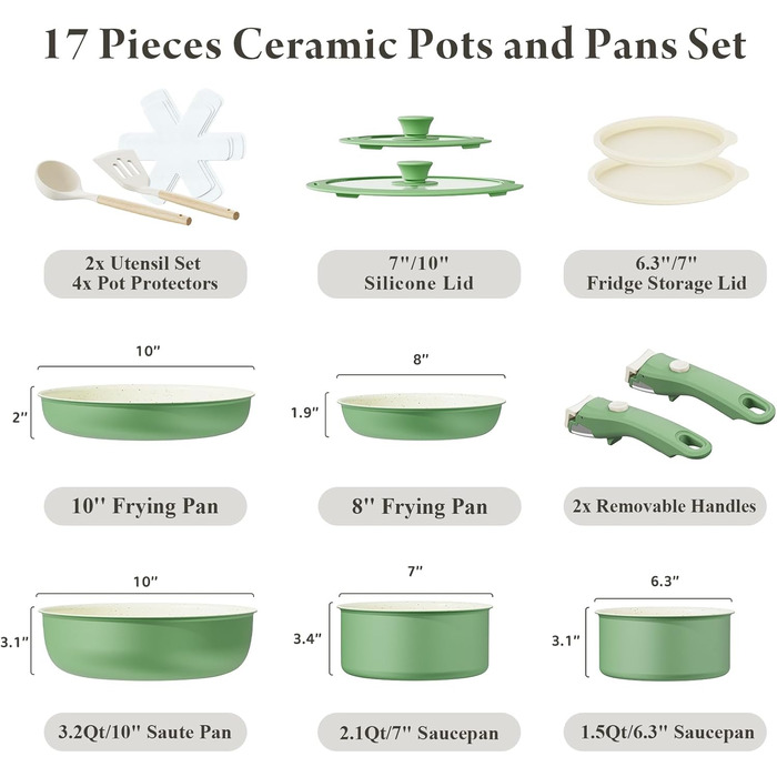 Набір посуду з кераміки 17 предметів: каструлі та сковорідки, безпечний, без ПФОА/ПФУ, для індукційних плит, знімні ручки, стійкий до подряпин та забруднень, придатний для миття в посудомийній машині та використання в духовці (зелений)