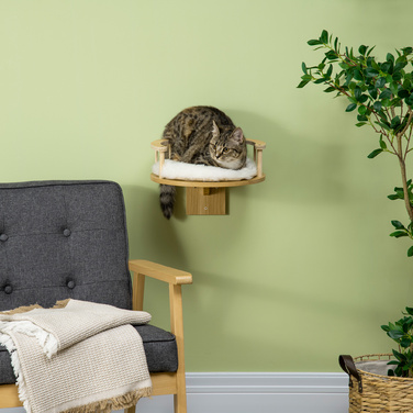 PawHut Настінне ліжко для котів PawHut, лежанка для котів з захисним бордюром і подушкою, дуб + кремово-білий, Ø34x10,5 см | Aosom