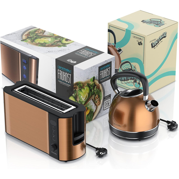 Набір чайник та тостер Arendo Kupferoptik: чайник 2200W, 1.7л, фільтр від накипу + тостер 2-шкісний з підігрівом для булок
