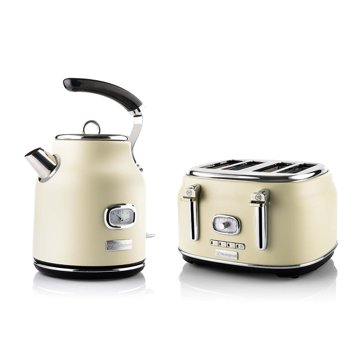 Набір для сніданку Westinghouse Retroline (Тостер та Чайник), 1.7 л, фільтр від накипу, захист від перегріву, тостер з 4 слотами та підставкою для бургерів, зйомна крихта (комплект з тостером на 4 скибочки білого кольору)