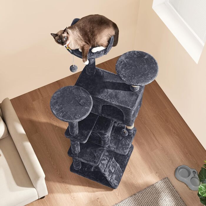 Кігтеточка для котів Yaheetech, велика, 158 см, з 3 платформами, 3 стовпчиками для заточування, 2 будиночками, м'ячиками, сірого кольору