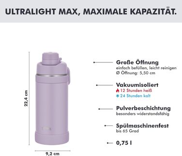 Термос Thermos Ultralight Max з ручкою, вакуумна пляшка з нержавіючої сталі для спорту та подорожей, 750 мл, світло-блакитний (Orchid Mat)