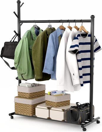 Clothes Rack Garment Rack Portable - Rolling Clothes Rack with Bottom Shelf (Black)