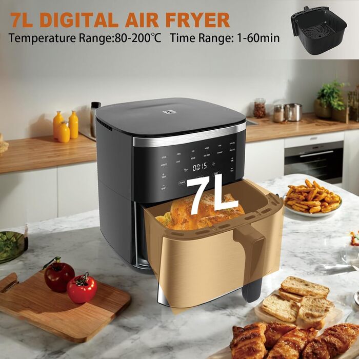 Фритюрниця без олії 7L XXL з сенсорним екраном, 12 програм, 1800W, чорний/сталь