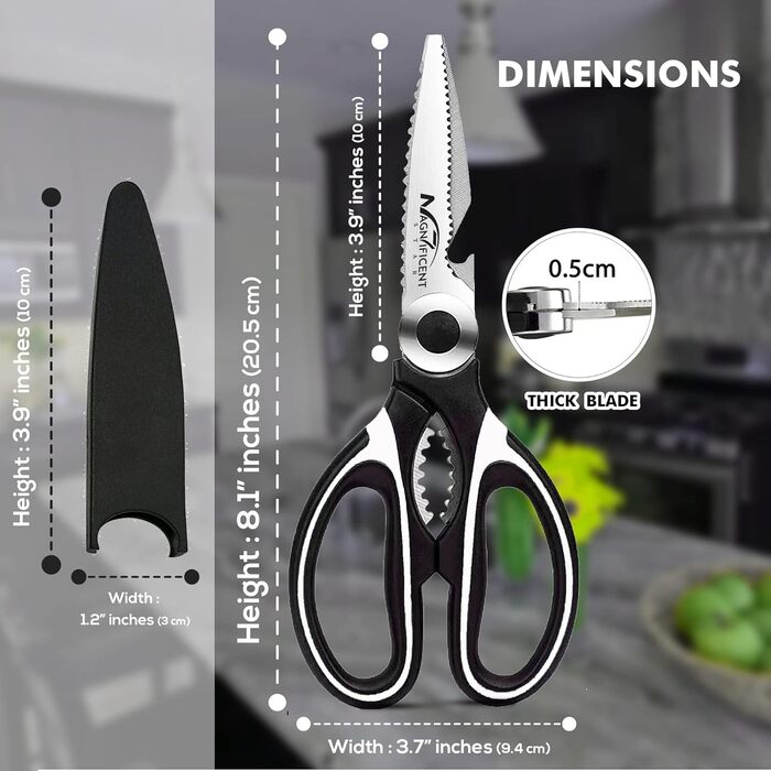 Кухонні ножиці з нержавіючої сталі з захисною кришкою та ергономічною м'якою ручкою, багатофункціональні ножиці для птиці, м'яса, трав та овочів (Білі)