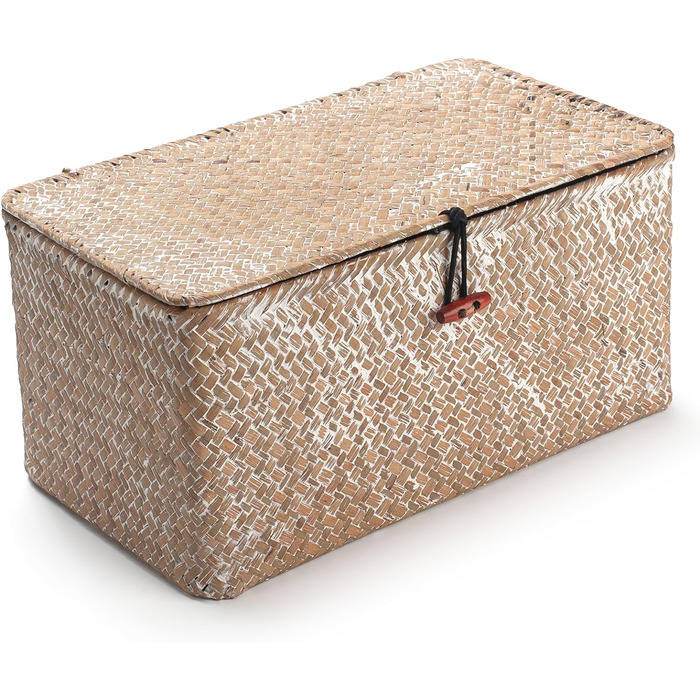 Кошик для зберігання з морської трави з кришкою, 30×18×15 см, натуральний ротанг, білий, середній розмір