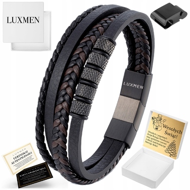 Чоловічий шкіряний браслет LUXMEN, чорний, регульований, з гравіюванням, 21 см